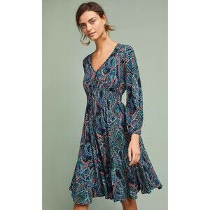 Anthropologie Maeve Maplewood Paisley Long Sleeve V-Neck Midi Dress Women's S BD
